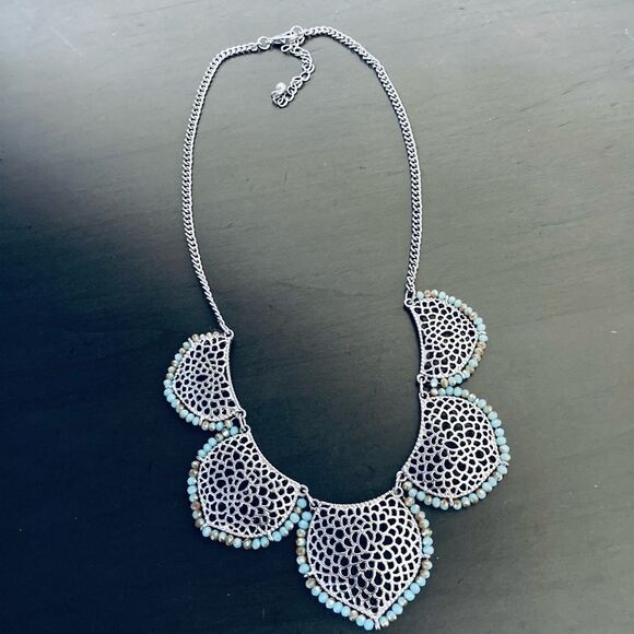 Silver Iridescent Beaded Lace Mesh Necklace - Picture 3 of 4